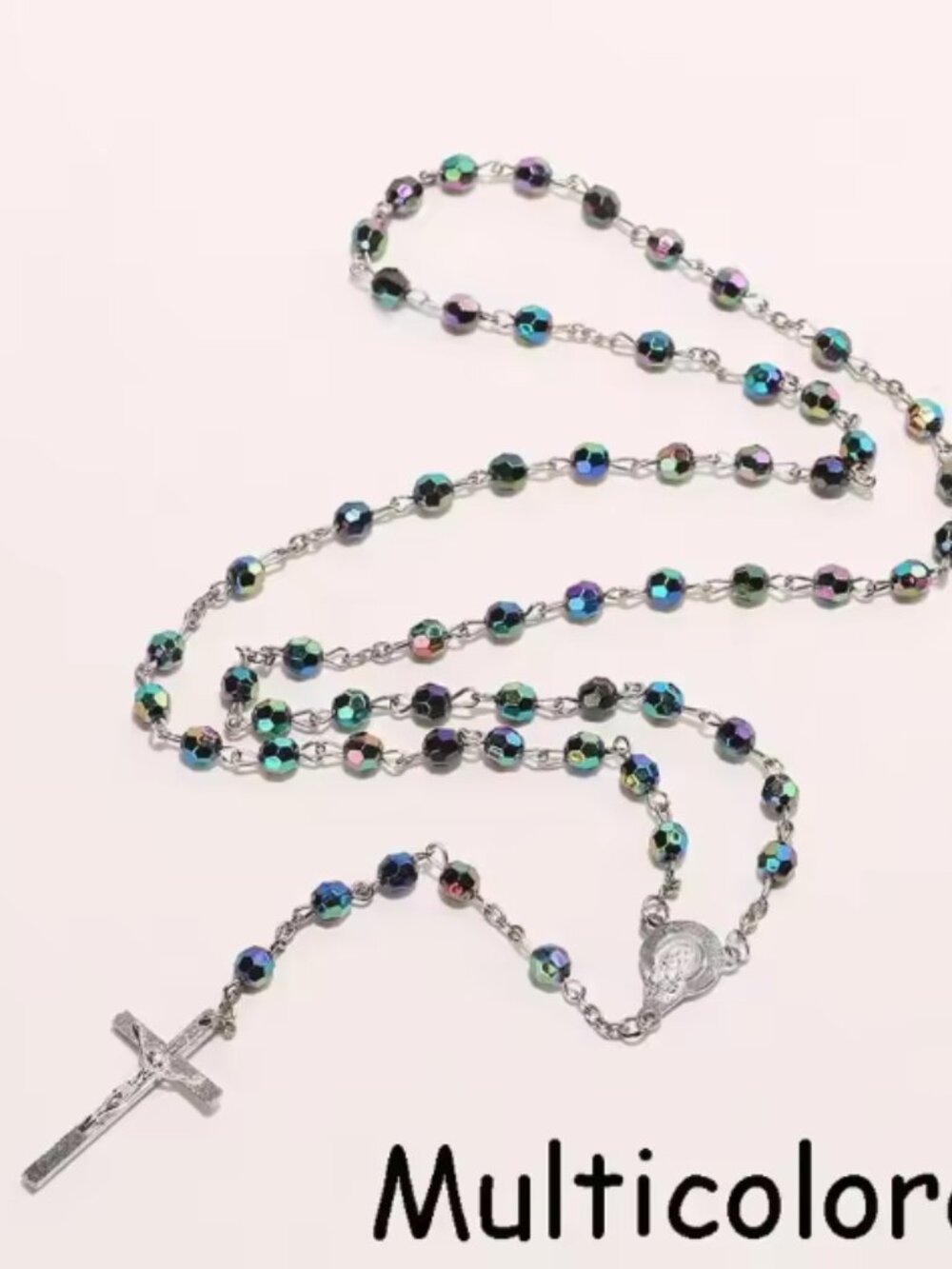 24" Multicolored Bead Rosary with Silver Cross & Accents - NEW
